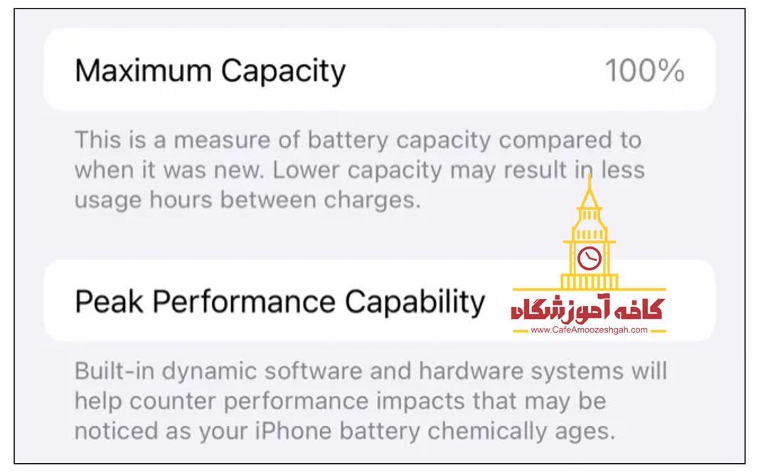 دو معیار حداکثر ظرفیت (maximum capacity) و قابلیت عملکرد (performance capability) برای بررسی سلامت باتری.